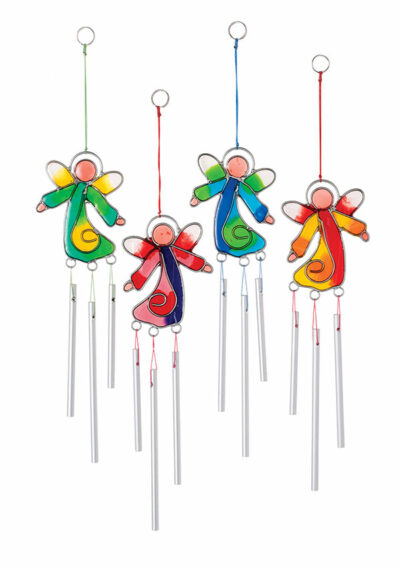 Fun and quirky angel light catcher with mini chimes. Each wire mould is made by hand and hammered flat, resin is then poured in, allowed to set and then each piece is hand finished by decorating with beads, producing a beautiful finished article.