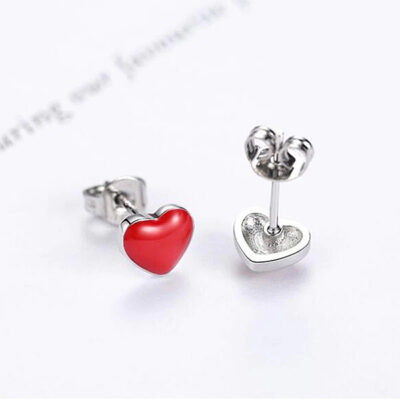 Silver Red-Heart Stud Earrings