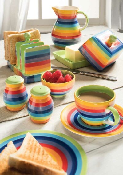 Hand Painted Rainbow Stripe Coffee Cup & Saucer