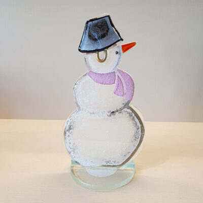 Handmade Pink Fused Glass Snowman